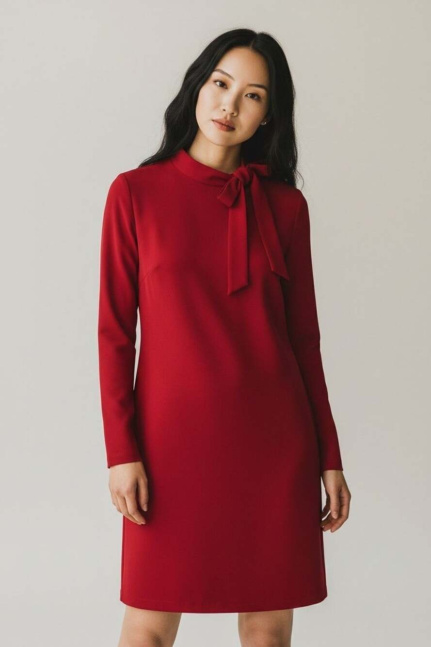 Calvin Klein Tie-Neck Sheath Dress Size 4 Red Long Sleeve